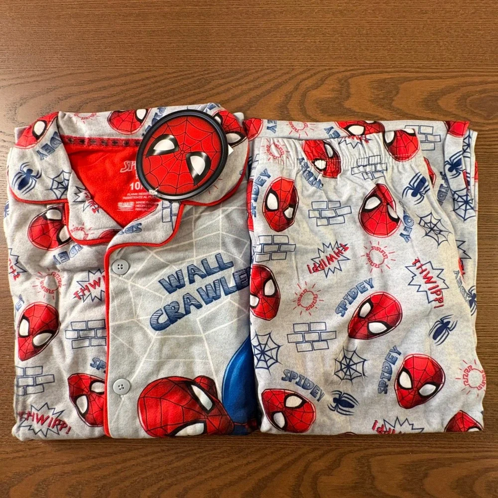Marvel Spider-Man Boys Pajama Set Coat Style 10/12 Grey Red Fleece Wall Crawler‎